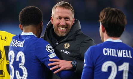 Graham Potter congratulates his Chelsea players after their win against Borussia Dortmund