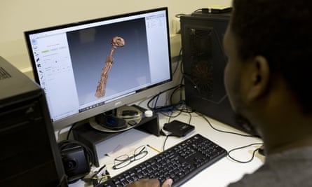 A 3D scan of the bones of the Egyptian cat mummy is displayed on a computer screen at the Pontifical Catholic University in Rio de Janeiro. About 300 pieces of the Brazil’s National Museum that were scanned and some printed in 3D, could help to rebuild part of the heritage lost in the fire.
