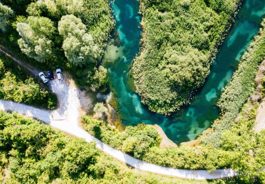 Tirino River in Abruzzo, Southern Italy. Aerial view