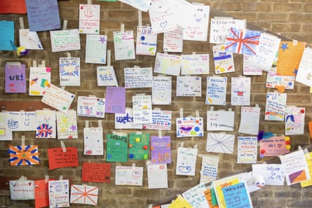Welcoming messages for refugees on display.