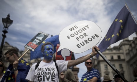 Protesters take part in the People’s Vote demonstration against Brexit in London in June. 