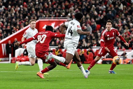 Jeremie Frimpong doubles Liverpool’s lead with a fine strike