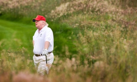 Trump on the Trump International Golf Course in Aberdeenshire, Scotland. It is estimated the US president has chalked up 35 golf outings since taking office.