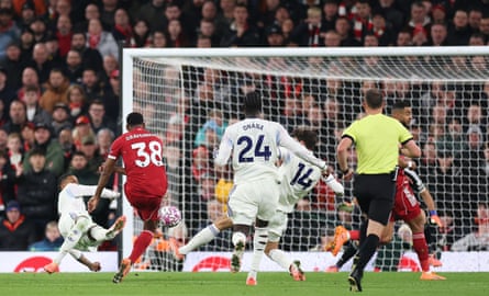 Ryan Gravenberch scores Liverpool’s second goal against Aston Villa.