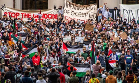 A large group of people hold Palestinian flags and signs of support for Palestinians in Gaza at a rally at Harvard University.