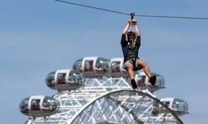 Rider takes a trip on Zip World Southbank's zip wire ride near Waterloo, London.