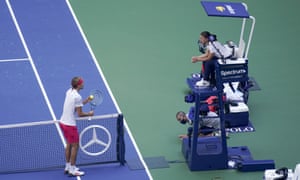 Alexander Zverev pleads his case to the match umpire, Eva Asderaki.