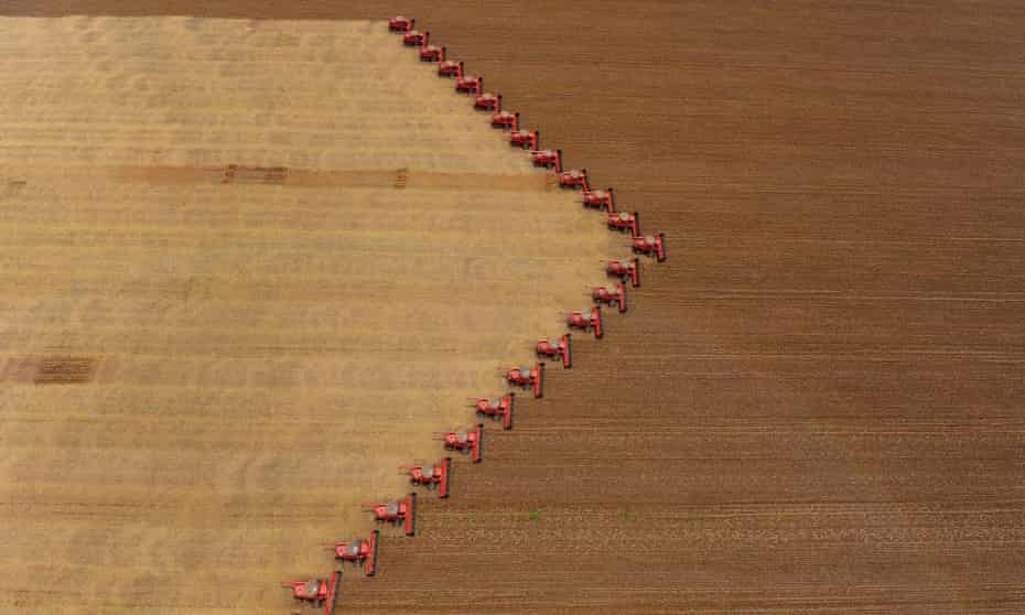 Workers on tractors harvest soybeans in the deforested land of Campo Novo do Parecis, in the Brazilian state of Mato Grosso.