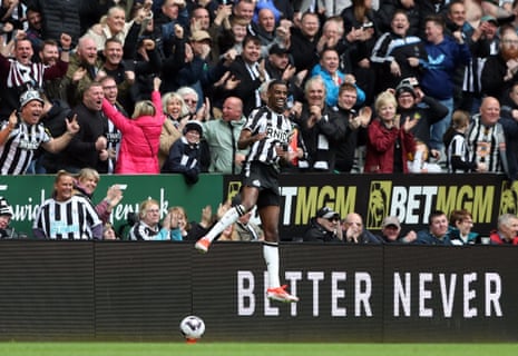 Alexander Isak celebrates scoring his second, and Newcastle United’s third goal against Tottenham Hotspur.