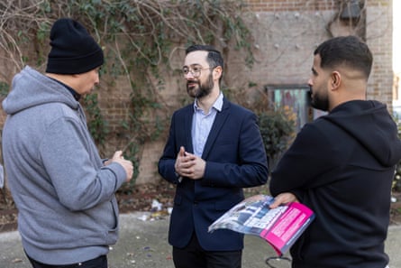 The LFI candidate David Guiraud chats to people in Roubaix
