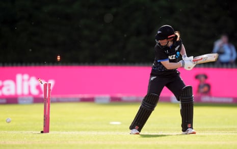 New Zealand's Georgia Plimmer is bowled by England's Lauren Bell.