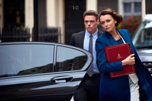 Richard Madden as protection officer David Budd and his charge Julia Montague (Keeley Hawes) in Bodyguard.