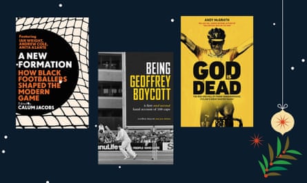 Three book jackets - A New Formation by Calum Jacobs, Being Geoffrey Boycott by Geoffrey Boycott and Jon Hotten and God Is Dead by Andy McGrath - and an illustration of a bauble.