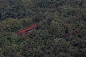 An aerial view of the four-metre fence at the Casteller wildlife park in Trentino province, Italy, where M49, AKA Papillon the bear, is detained together with two other bears. Once one of Europe's 'most wanted' wild animals, the now incarcerated bear has become symbolic of the conflict over the reintroduction of large predators