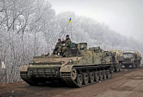 Members of the Ukrainian armed forces are seen not far from Debaltseve, Ukraine