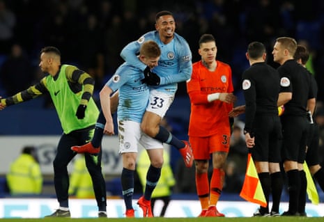 Manchester City’s Gabriel Jesus and Kevin De Bruyne celebrate after the match.