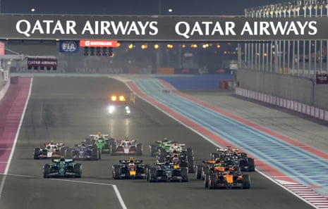 McLaren driver Oscar Piastri (front right) leads shortly after the start of the Sprint race.