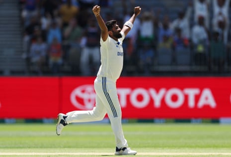 India captain Jasprit Bumrah celebrates the wicket of Alex Carey