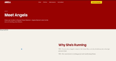 Another screengrab from the website, with sections titled ‘Meet Angela’ and ‘Why she’s running.’