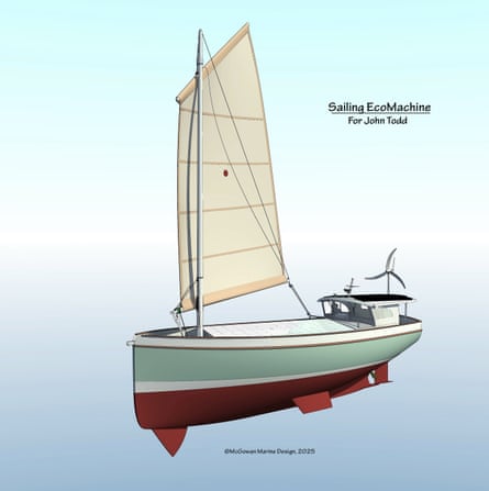 A picture of a boat with a sail and what appears to be a wind turbine