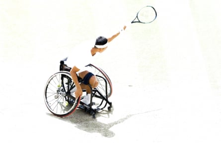 Tokito Oda of Japan plays a shot in his victory over Alfie Hewitt of Great Britain in the men’s wheelchair singles final
