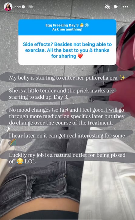 screengrab of AOC’s Instagram story answering questions about the side effects of egg freezing