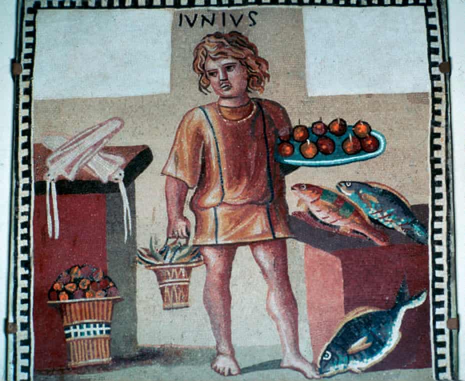 Death in the air ... Roman mosaic from Pompeii, of a boy slave in a kitchen with fruit and fish. 