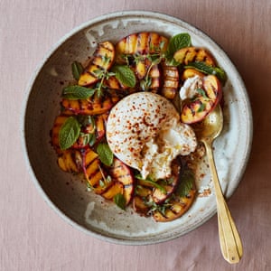 Nik Sharma’s grilled stone fruit with lime, mint, and thyme with burrata and balsamic vinegar.