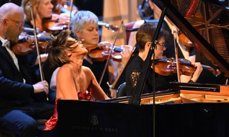 Devil may care … Yuja Wang with the Oslo Philharmonic and Klaus Mäkelä during Prom 35 at the Royal Albert Hall.