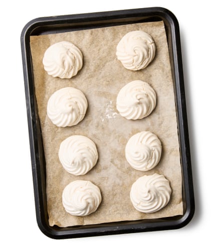 Felicity Cloake’s vegan meringues 05b. Bake for about two hours, by which point the meringues should be completely dry and lift easily off the sheets. If you’d like your meringues really crisp, turn off the oven and leave them in there to cool down; otherwise, take them out and leave in a dry place to cool on the tray in a dry place and uses. Eat as soon as possible.