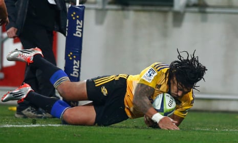 Ma’a Nonu of the Hurricanes scores a try during the Super Rugby final.
