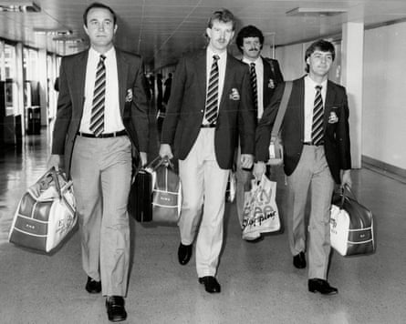 England’s Phil Edmonds, Paul Allott, Richard Ellison and Graeme Fowler leave for the 1984-85 tour of India.