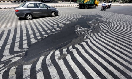 Melting asphalt caused road markings to distort in New Delhi, during a 2015 heatwave.