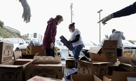 Volunteers at a food bank in San Francisco in March 2020.