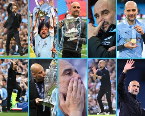 Pep Guardiola at Manchester City through the years. Top row: 2016-2020. Bottom row: 2021-2026.