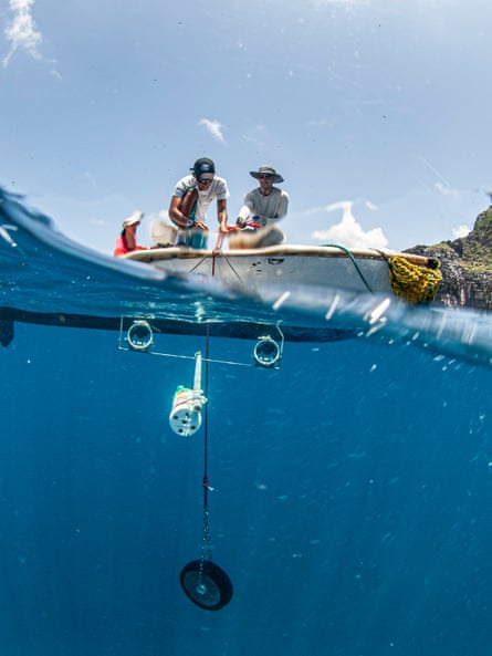 A photo taken half-underwater of two men lowering a weighted small cage and stereo-video camera into the sea from a small boat