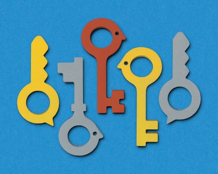 Five colourful keys with faces in yellow, grey and red arranged on a blue background