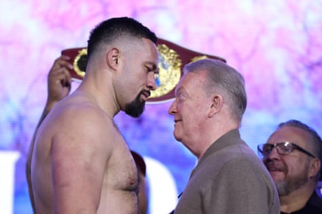 Joshua Parker faces off with Frank Warren, CEO of Queensbury Promotions, after late replacement Martin Bakole was unable to attend Friday’s weigh-in.