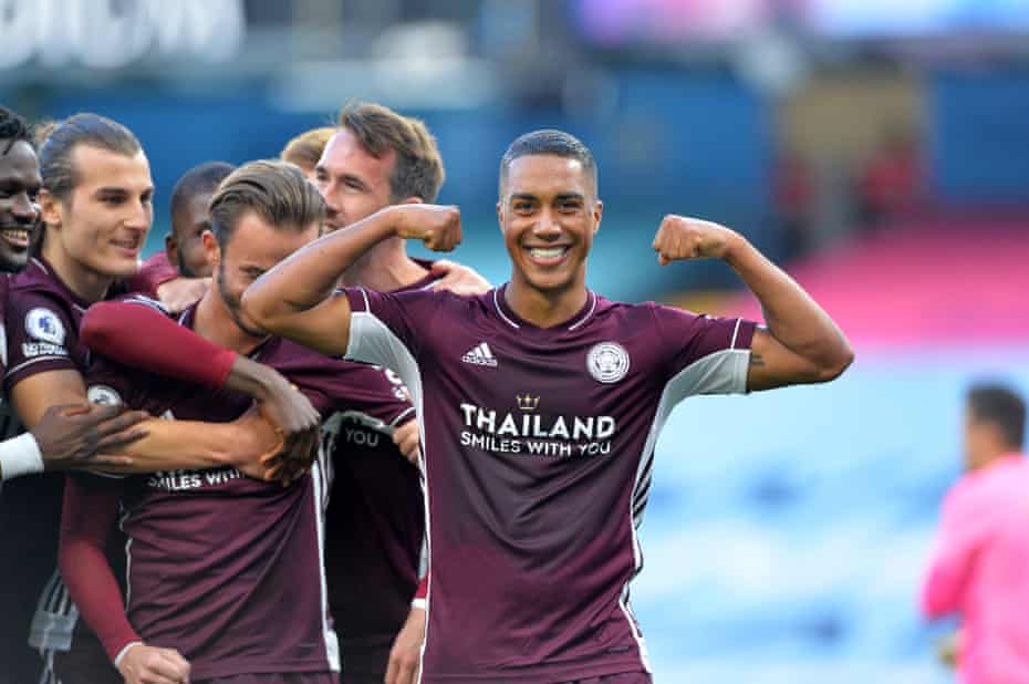 Youri Tielemans celebrates during Leicester’s 5-2 win at Manchester City earlier this season.