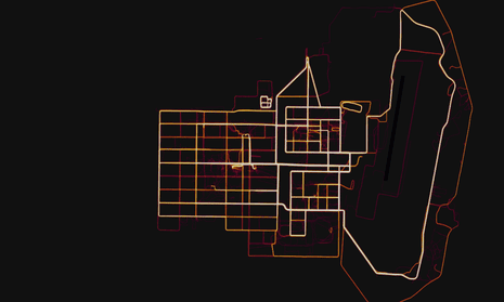 A military base in Helmand Province, Afghanistan with route taken by joggers highlighted by Strava.