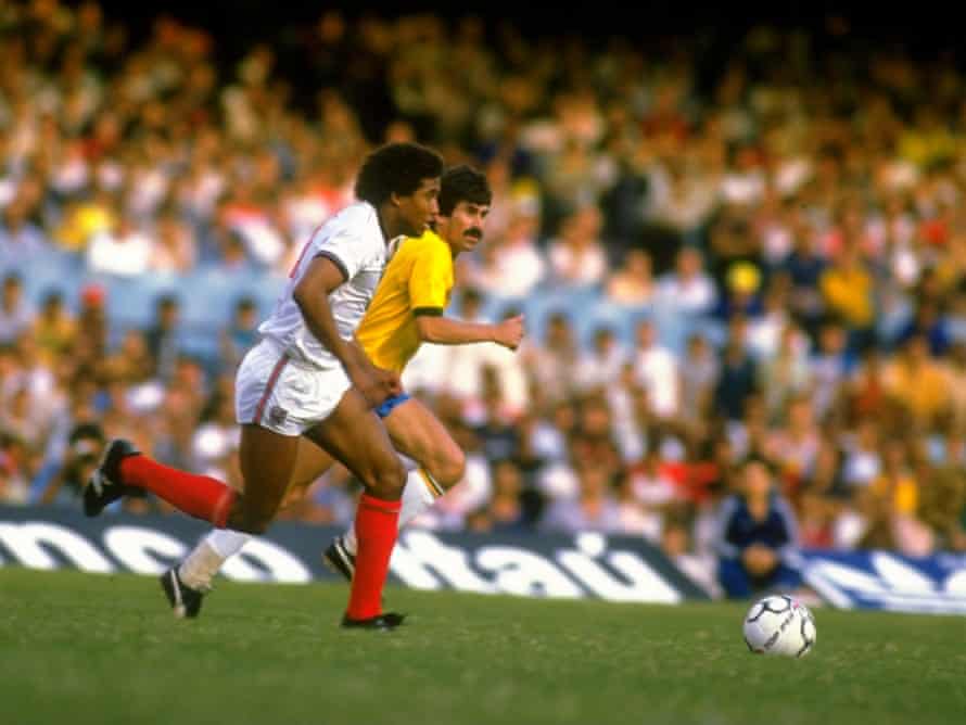 John Barnes heads for goal against Brazil in 1984