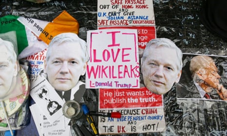 Signs and placards outside the Ecuadorian embassy in London