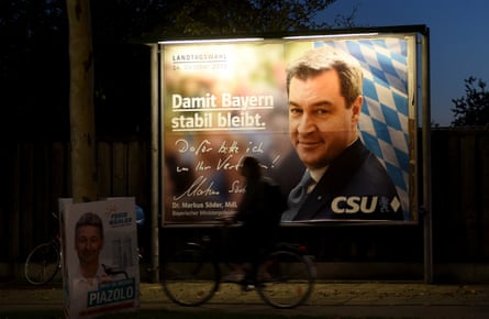 The Bavarian premier, Markus Söder, seen on an election poster in Munich