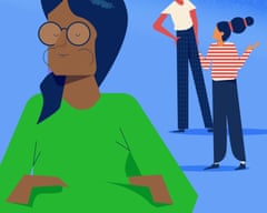 An illustration of a woman in a green top with her arms crossed, standing with her back to a man and a woman who look puzzled