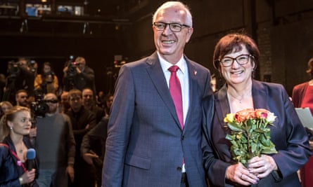Presidential candidate Jiri Drahos with his wife Eva Drahosova after winning 26.6% of the vote on Saturday.