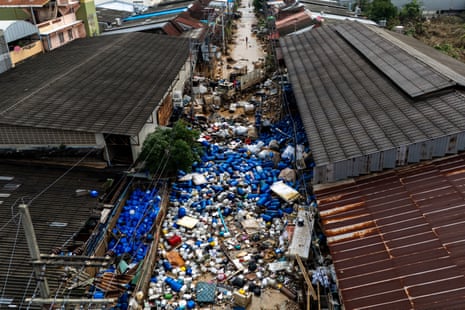 A drone view shows debris in a flooded area in Hat Yai district, Songkhla province, on 28 November 2025.