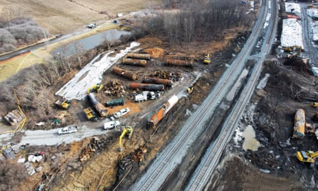 A view of the site of the derailment of a train carrying hazardous waste in East Palestine, Ohio.
