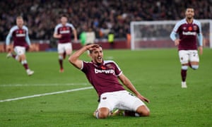 West Ham United’s Pablo Fornals celebrates scoring.