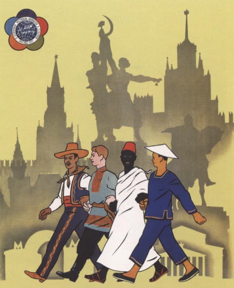 This poster from 1957, shows a multicultural group exploring Moscow sights.