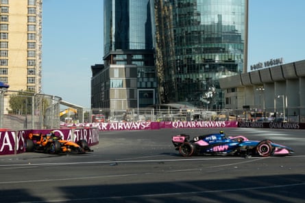 Lando Norris in the wall and Franco Colapinto after the Baku collision